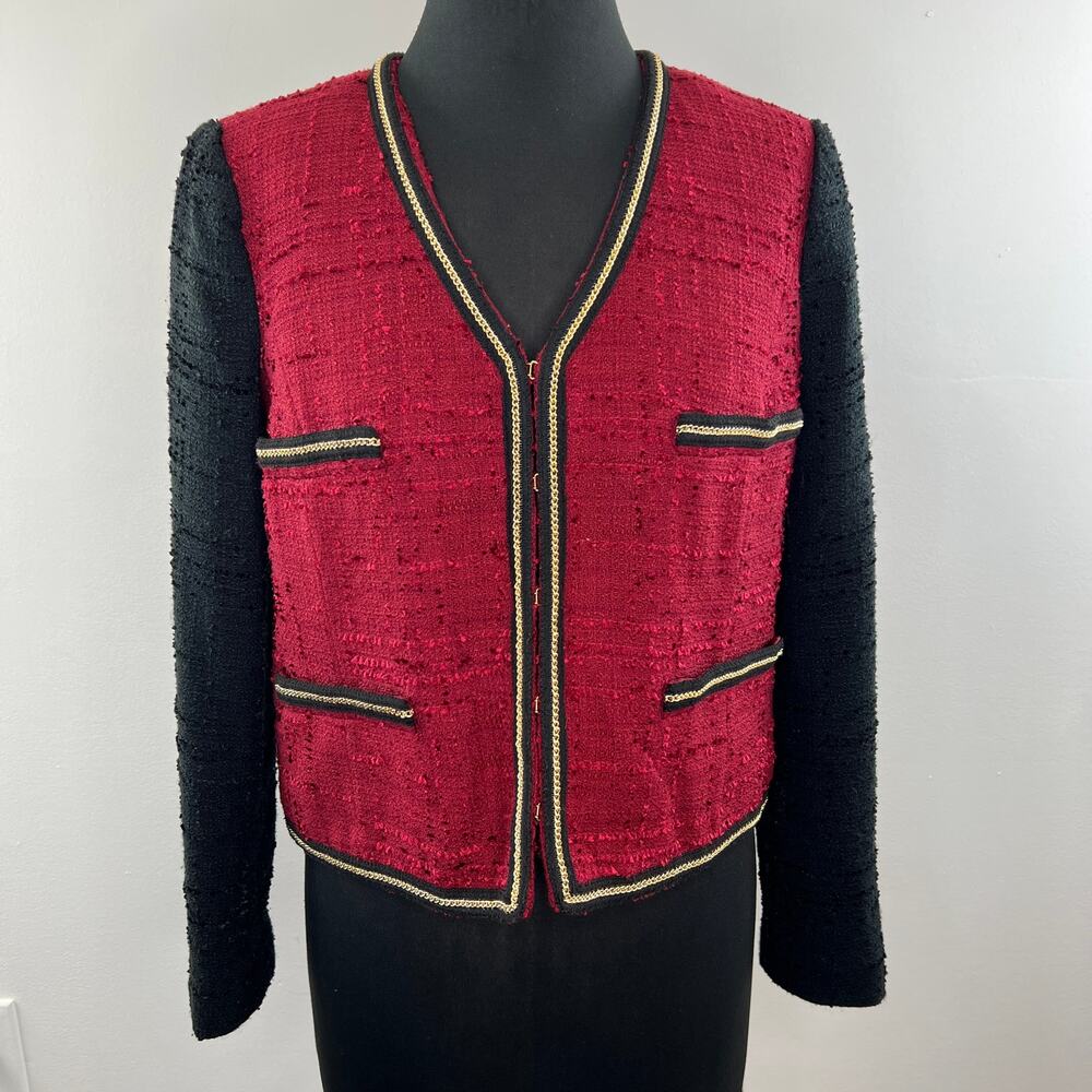 MNG Suit Burgundy Red Black Gold Embellished V-Neck Boucle Tweed Knit Jacket L